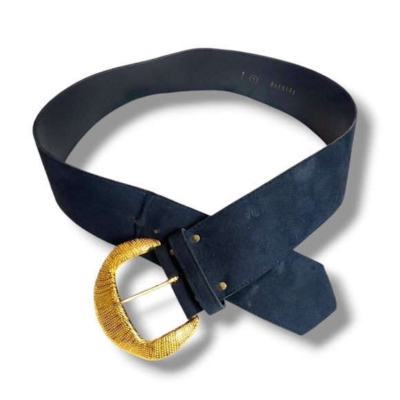 Black Suede on Vinyl Wide Gold Tone‎ Big Large Buckle Belt Size Small - Picture 1 of 14